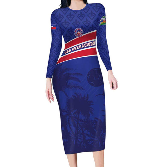 Custom Haiti Football Les Grenadiers - Royal Palm Long Sleeve Bodycon Dress