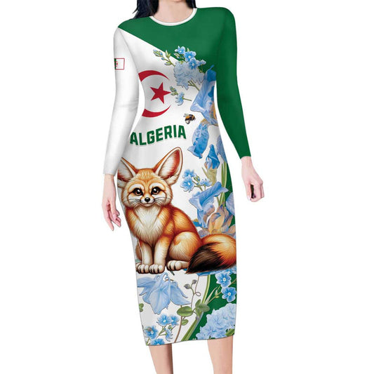 Algeria Fennec Fox Blue Isris Flower Long Sleeve Bodycon Dress