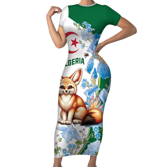 Algeria Fennec Fox Blue Isris Flower Short Sleeve Bodycon Dress