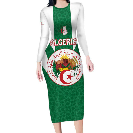 Algeria Coat Of Arms With Islamic Pattern Long Sleeve Bodycon Dress