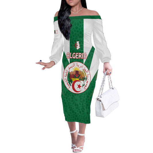 Algeria Coat Of Arms With Islamic Pattern Off The Shoulder Long Sleeve Dress