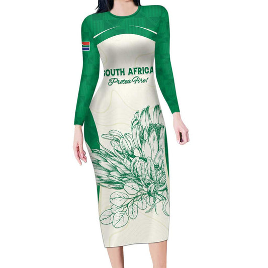 Custom South Africa Cricket Protea Fire Long Sleeve Bodycon Dress