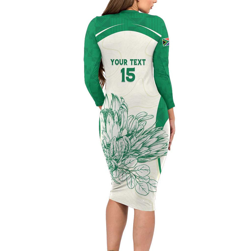 Custom South Africa Cricket Protea Fire Long Sleeve Bodycon Dress