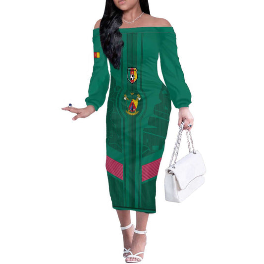 Custom Cameroon Football Waka Waka - This Time For Africa Off The Shoulder Long Sleeve Dress