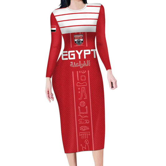 Custom Egypt Football Yalla Yalla Pharaohs - Red Ver Long Sleeve Bodycon Dress