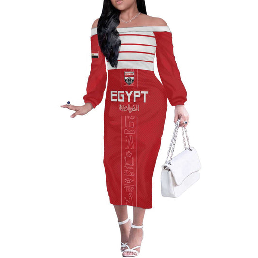 Custom Egypt Football Yalla Yalla Pharaohs - Red Ver Off The Shoulder Long Sleeve Dress
