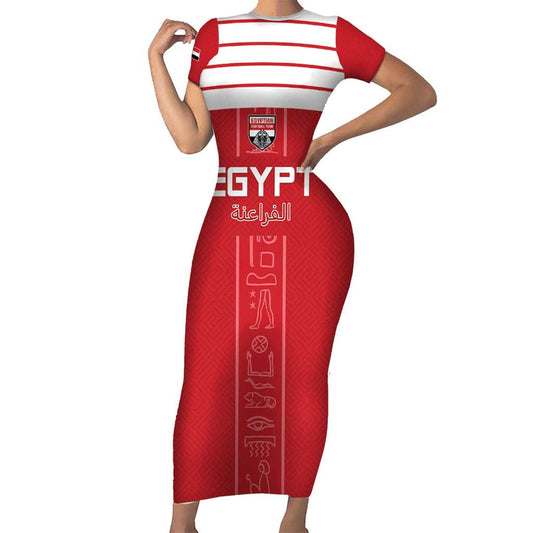 Custom Egypt Football Yalla Yalla Pharaohs - Red Ver Short Sleeve Bodycon Dress