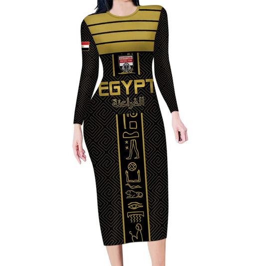 Custom Egypt Football Yalla Yalla Pharaohs - Black Ver Long Sleeve Bodycon Dress