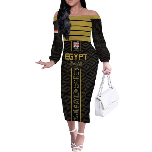 Custom Egypt Football Yalla Yalla Pharaohs - Black Ver Off The Shoulder Long Sleeve Dress