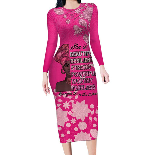 African Women Black Beautiful Brave And Bressed - Pink Color Long Sleeve Bodycon Dress