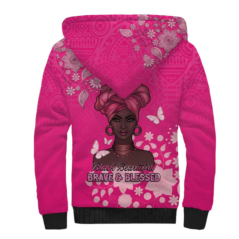 African Women Black Beautiful Brave and Bressed - Pink Color Sherpa Hoodie