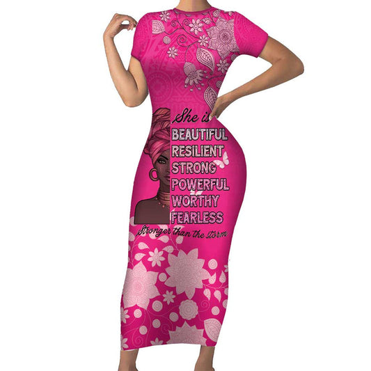 African Women Black Beautiful Brave And Bressed - Pink Color Short Sleeve Bodycon Dress