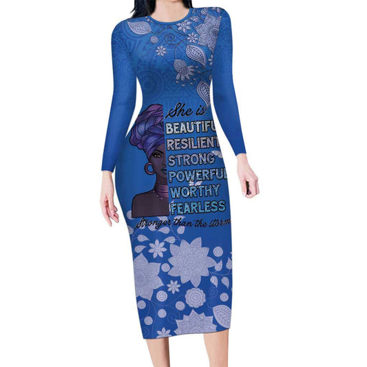 African Women Black Beautiful Brave And Bressed - Blue Color Long Sleeve Bodycon Dress