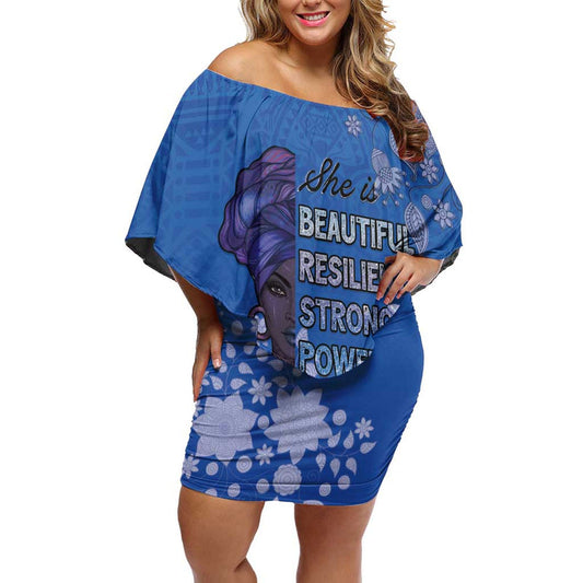 African Women Black Beautiful Brave And Bressed - Blue Color Off Shoulder Short Dress