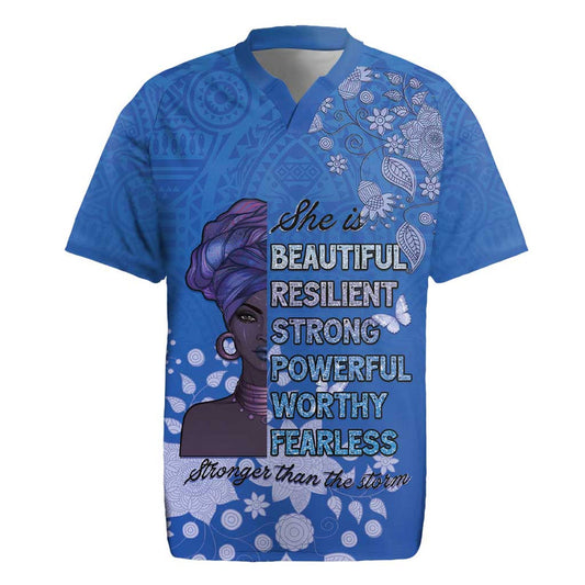African Women Black Beautiful Brave And Bressed - Blue Color Rugby Jersey