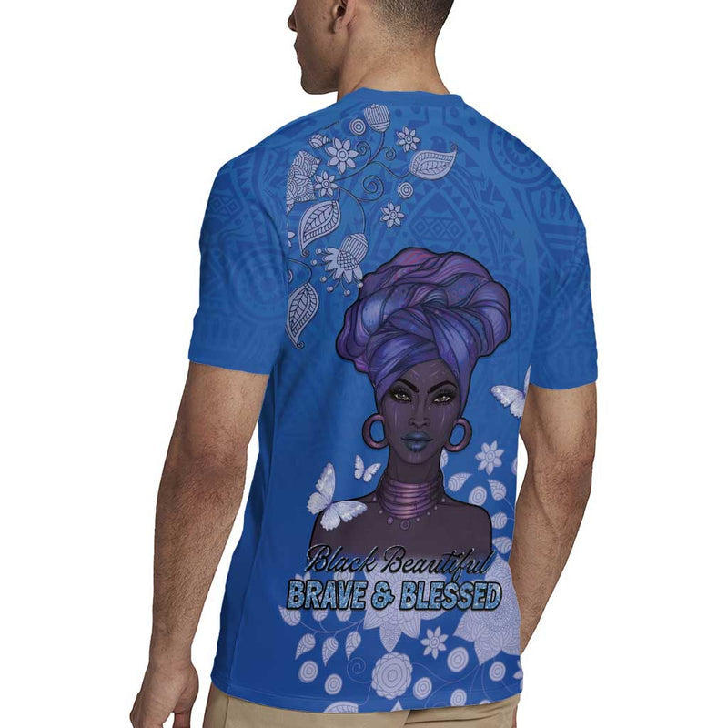African Women Black Beautiful Brave And Bressed - Blue Color Rugby Jersey