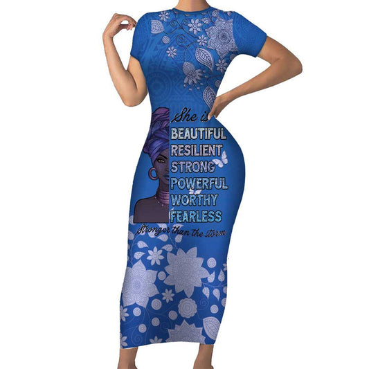 African Women Black Beautiful Brave And Bressed - Blue Color Short Sleeve Bodycon Dress