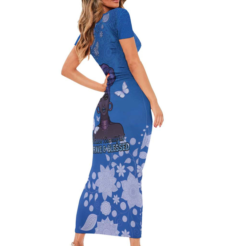 African Women Black Beautiful Brave And Bressed - Blue Color Short Sleeve Bodycon Dress