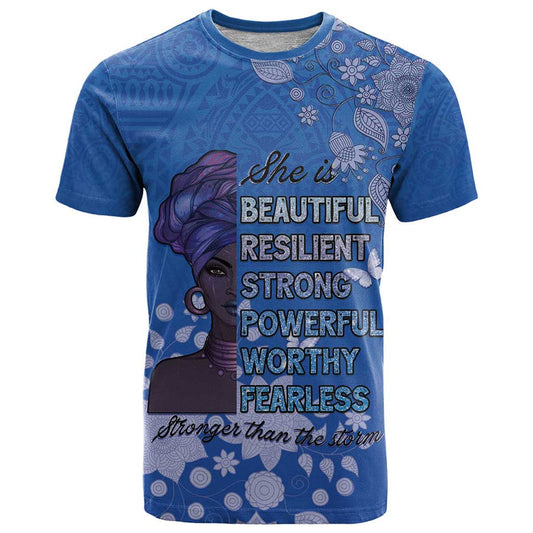 African Women Black Beautiful Brave and Bressed - Blue Color T Shirt