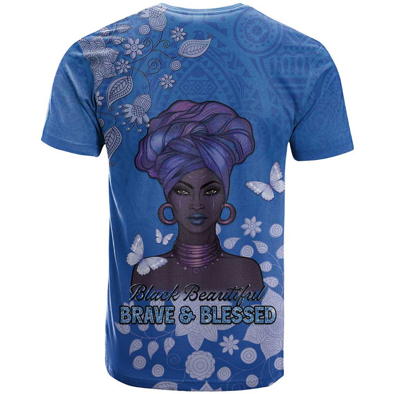 African Women Black Beautiful Brave and Bressed - Blue Color T Shirt
