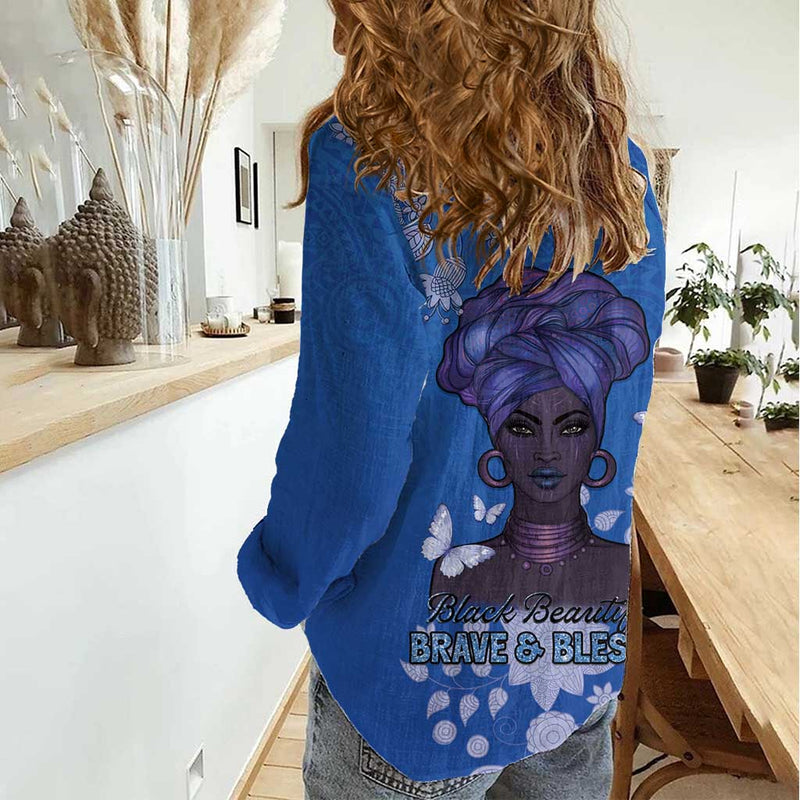 African Women Black Beautiful Brave and Bressed - Blue Color Women Casual Shirt