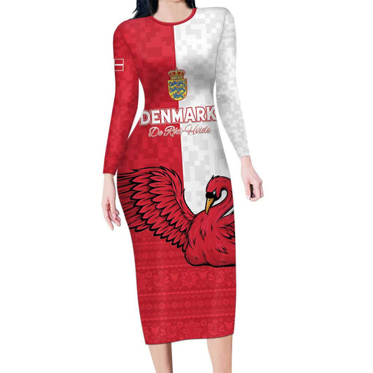 Custom Denmark Football Red And Whites Scandinavia Pattern Long Sleeve Bodycon Dress