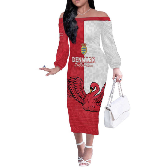 Custom Denmark Football Red And Whites Scandinavia Pattern Off The Shoulder Long Sleeve Dress