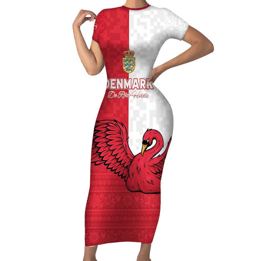 Custom Denmark Football Red And Whites Scandinavia Pattern Short Sleeve Bodycon Dress