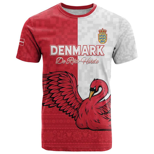 Custom Denmark Football Red and Whites Scandinavia Pattern T Shirt