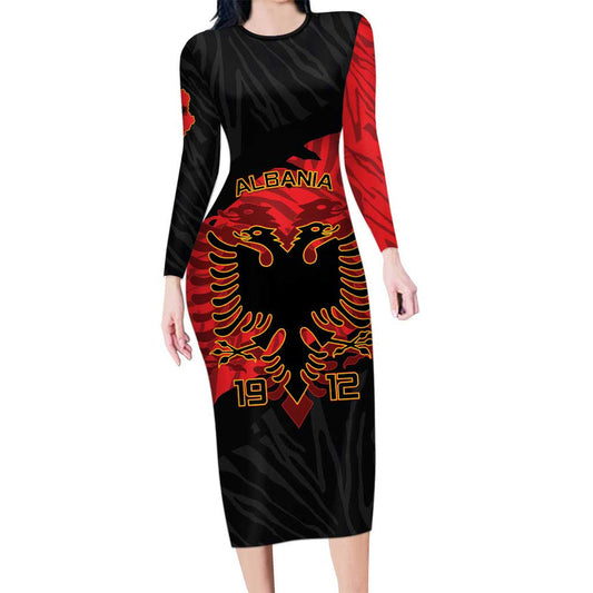 Albania Independence Day Albanian Eagle - Grunge Style Long Sleeve Bodycon Dress