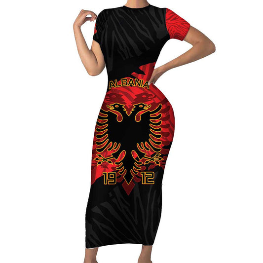 Albania Independence Day Albanian Eagle - Grunge Style Short Sleeve Bodycon Dress