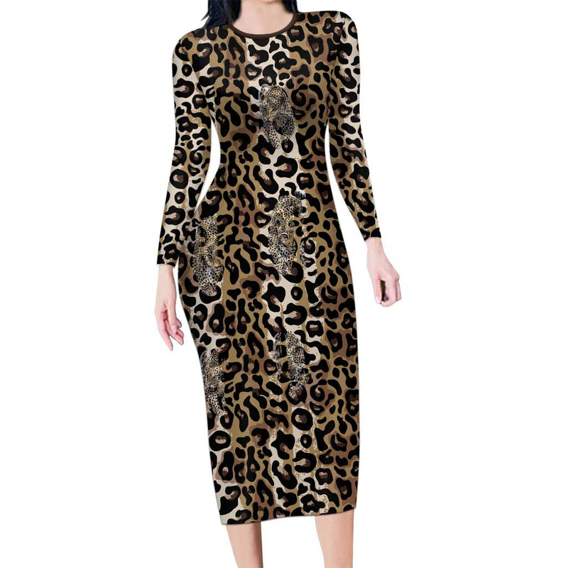 African Leopard Skin Pattern Long Sleeve Bodycon Dress