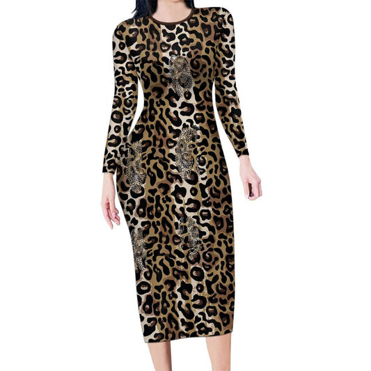 African Leopard Skin Pattern Long Sleeve Bodycon Dress