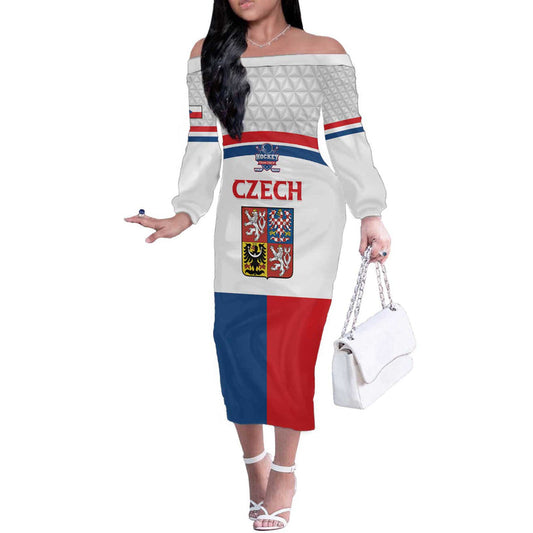 Custom Czech Hockey Go Cesko Off The Shoulder Long Sleeve Dress