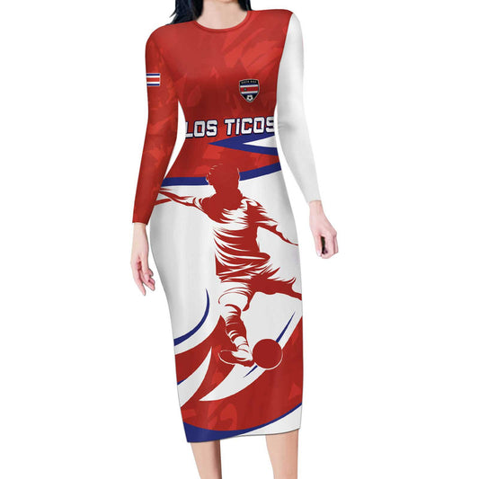 Custom Costa Rica Football Los Ticos With Bull Mascot Long Sleeve Bodycon Dress