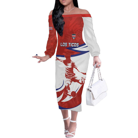 Custom Costa Rica Football Los Ticos With Bull Mascot Off The Shoulder Long Sleeve Dress