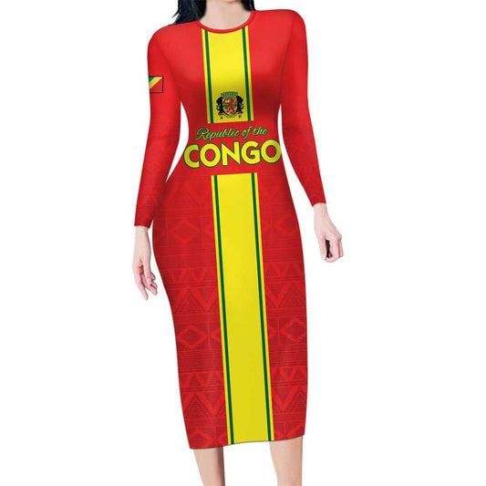 Custom Congo Brazzaville Football Go Ba Diabulu Ya Mbwaki Red Color Long Sleeve Bodycon Dress