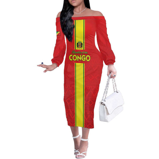 Custom Congo Brazzaville Football Go Ba Diabulu Ya Mbwaki Red Color Off The Shoulder Long Sleeve Dress