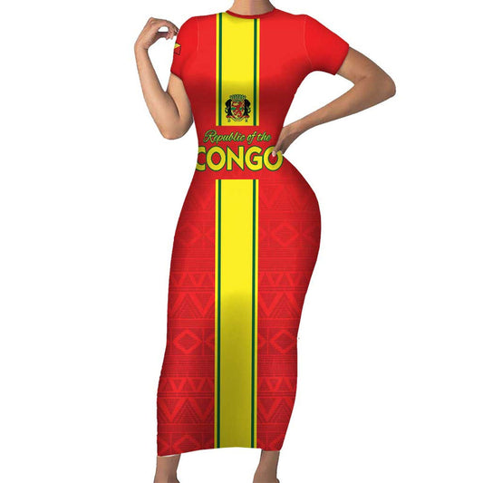 Custom Congo Brazzaville Football Go Ba Diabulu Ya Mbwaki Red Color Short Sleeve Bodycon Dress