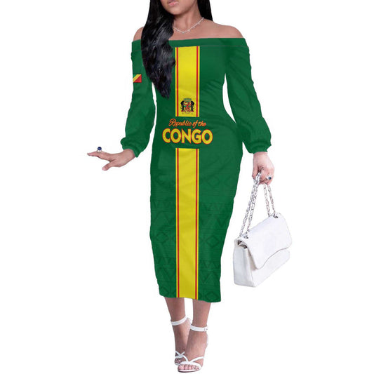 Custom Congo Brazzaville Football Go Ba Diabulu Ya Mbwaki Green Color Off The Shoulder Long Sleeve Dress