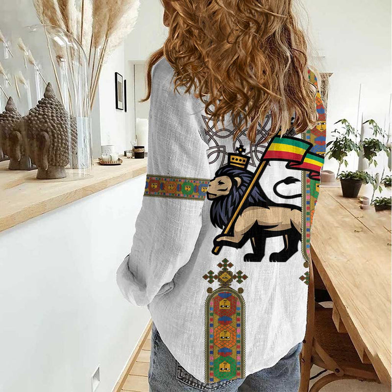 Ethiopia Saba Kemis Ethiopian Cross Lion Of Judah Women Casual Shirt