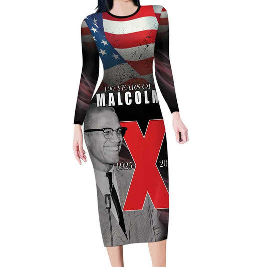 African American El Hajj Malik El Shabazz 100 Years Of Malcolm X Long Sleeve Bodycon Dress