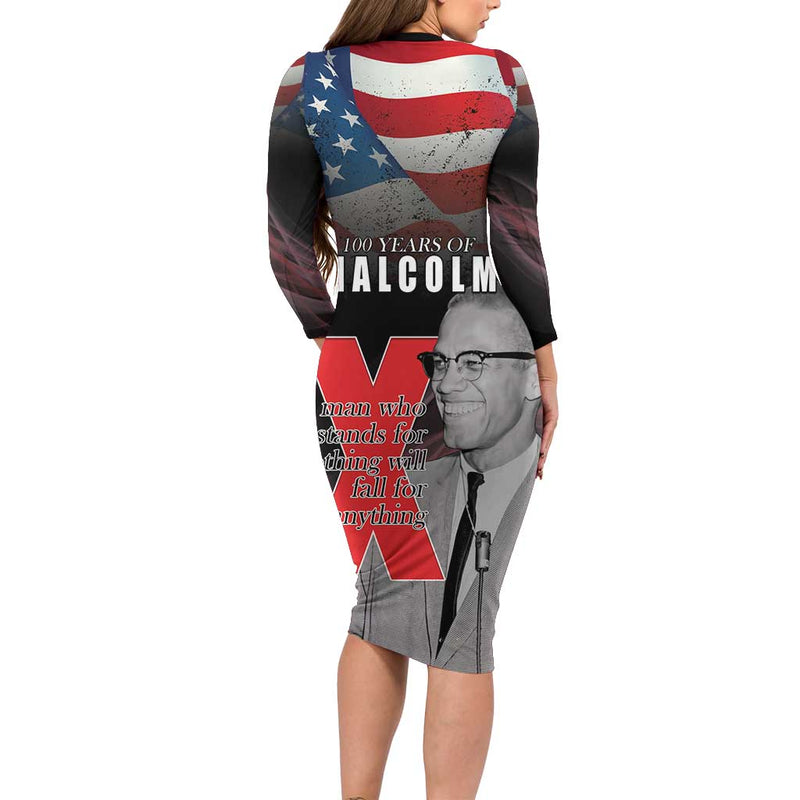 African American El Hajj Malik El Shabazz 100 Years Of Malcolm X Long Sleeve Bodycon Dress