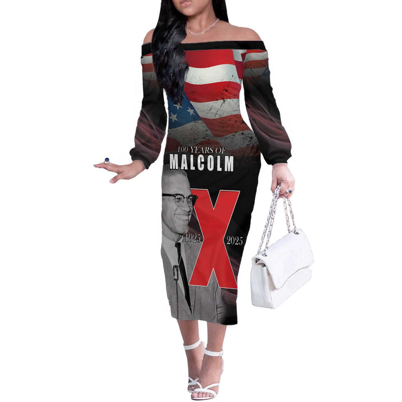 African American El Hajj Malik El Shabazz 100 Years Of Malcolm X Off The Shoulder Long Sleeve Dress