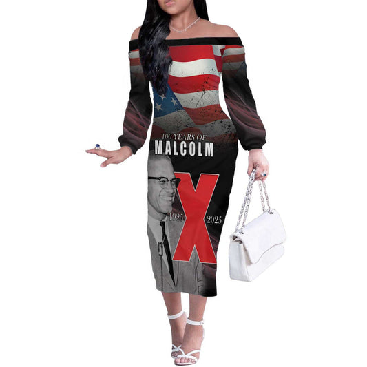 African American El Hajj Malik El Shabazz 100 Years Of Malcolm X Off The Shoulder Long Sleeve Dress