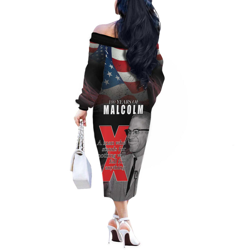 African American El Hajj Malik El Shabazz 100 Years Of Malcolm X Off The Shoulder Long Sleeve Dress