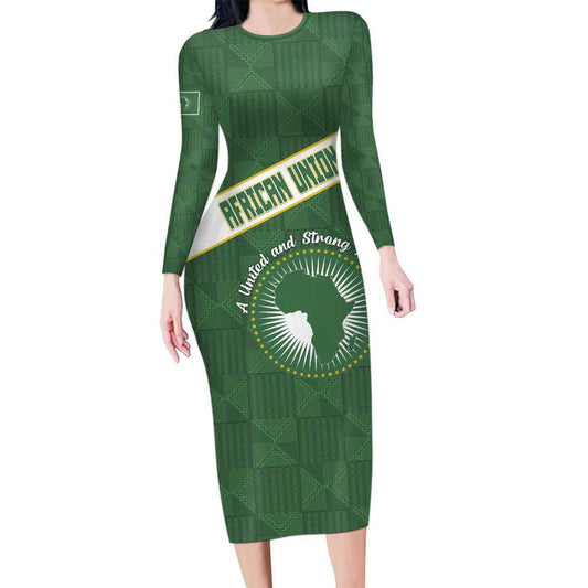 African Union Day Emblem With Kente Pattern Long Sleeve Bodycon Dress