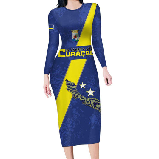 Custom Curacao Football Go La Familia Azul Long Sleeve Bodycon Dress