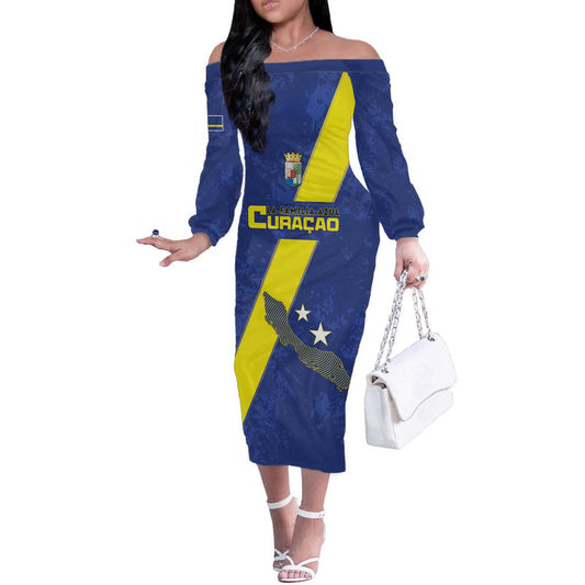 Custom Curacao Football Go La Familia Azul Off The Shoulder Long Sleeve Dress