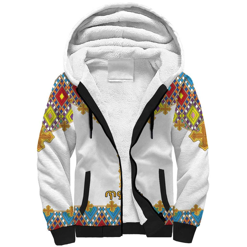 Ethiopian Epiphany Cross Mix Tilet Pattern Sherpa Hoodie